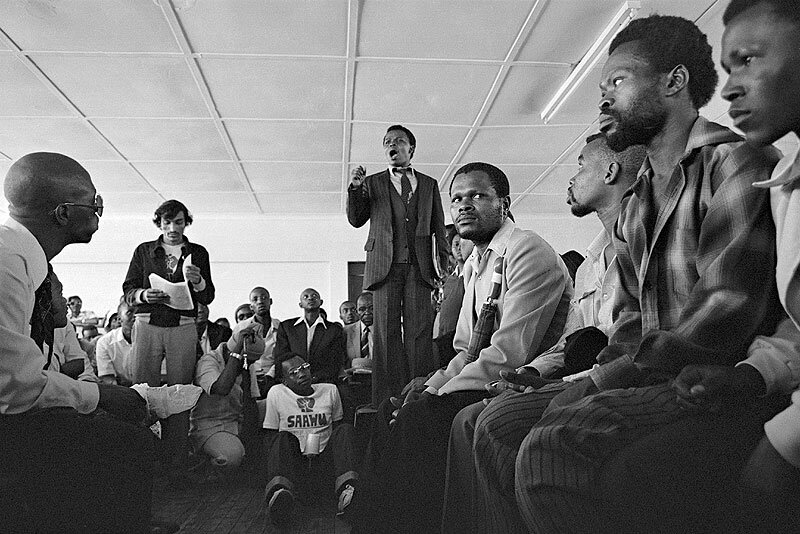 Sam Kikine, trade union leader, addressing striking workers. YMCA, Beatrice street. 1981