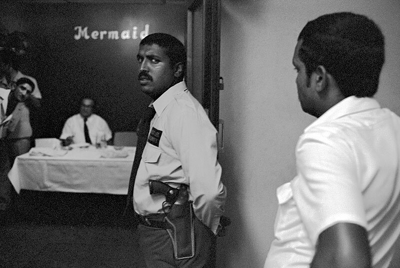 Armed guards at launch of 'Solidarity', a conservative Indian political party. Queen street. 1980