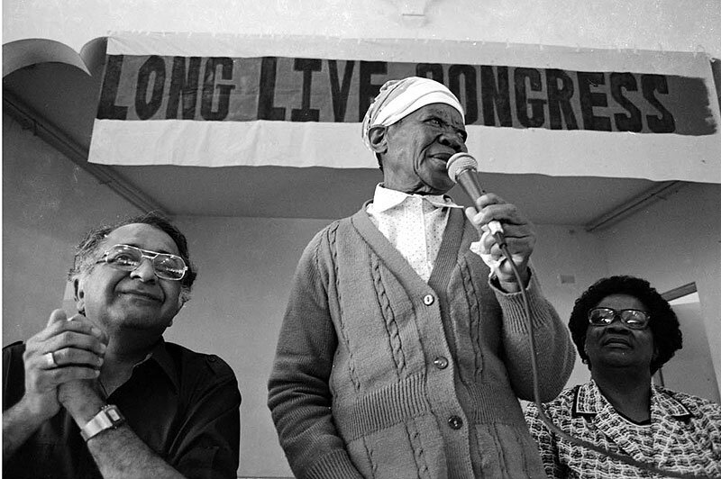 Dr. Essop Jessat, Mrs. Nokukhanya Luthuli and Mrs. Albertina Sisulu at political conference. Durban. 1983